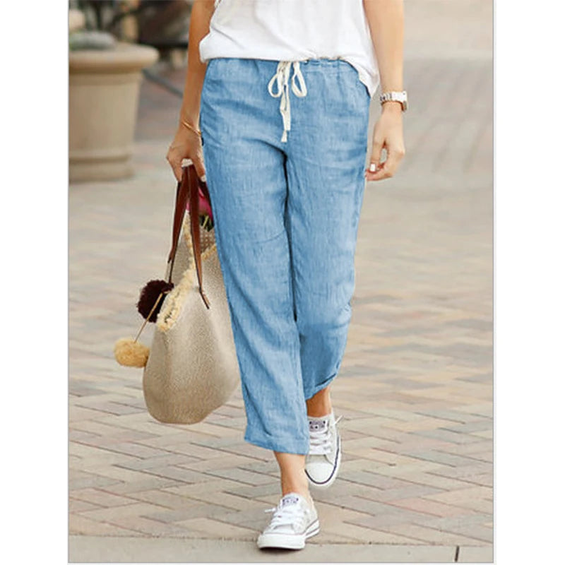 Pantalones informales de lino y algodón para mujer, pantalones hasta el tobillo elásticos de cintura alta de Color sólido para primavera y verano, pantalones Harem con bolsillos para mujer