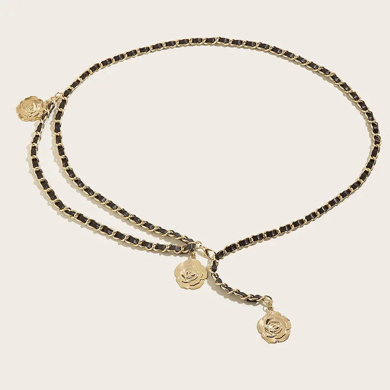 High-Quality Metal Chain Belts for Women, Round Flower Pendant Chain Strap, Rope Thin Waistband for Dress, Shirt Decoration.