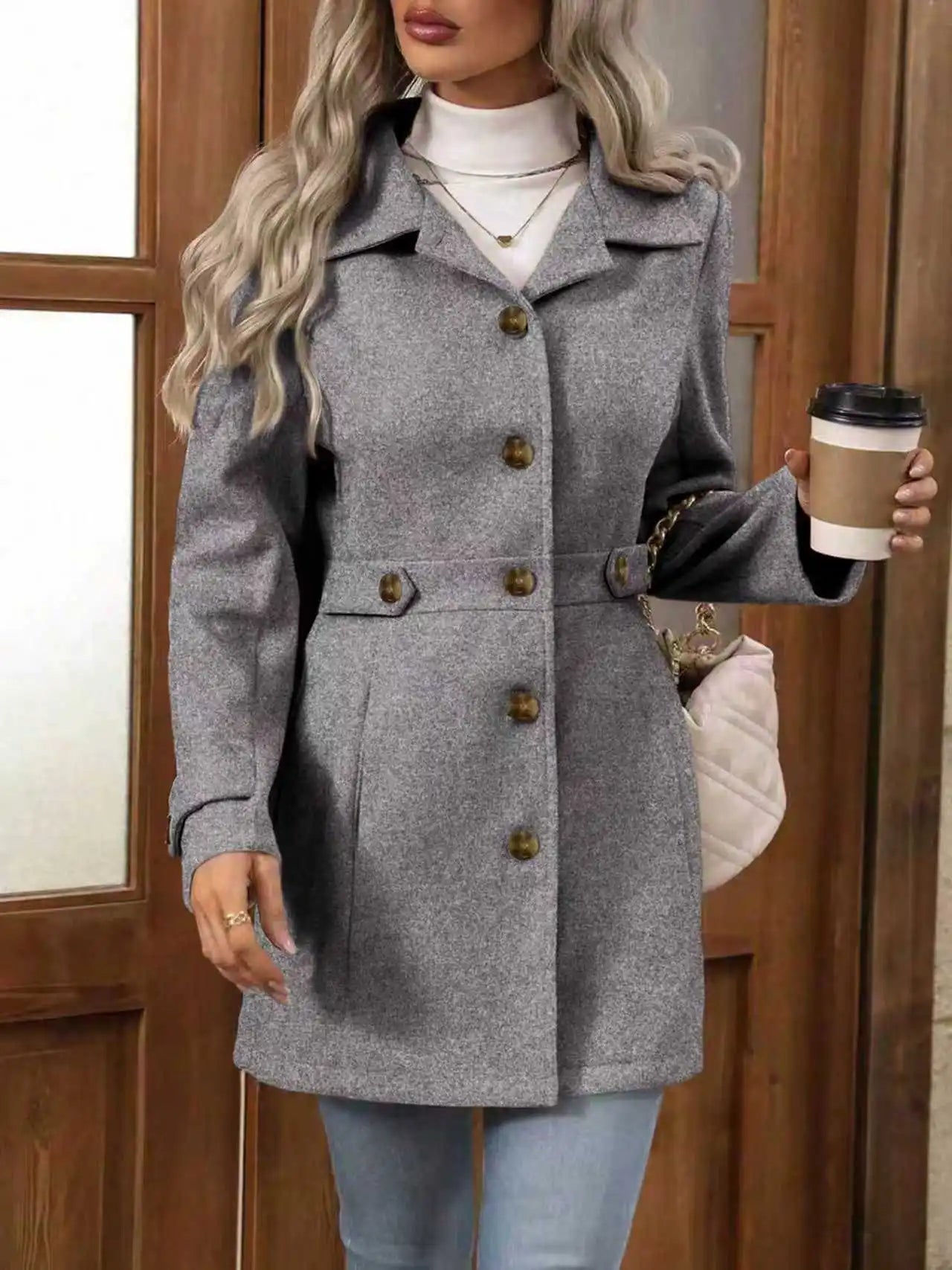 Plus size elegant wool coat for autumn and winter: lapel, button detail, fitted