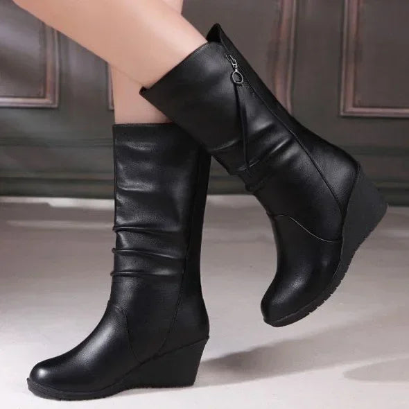 Women's Winter Boots, Plush Warm Snow Boots, Fashionable High Heel Mid-Calf Boots for Women, High Quality Leather Boots for Women