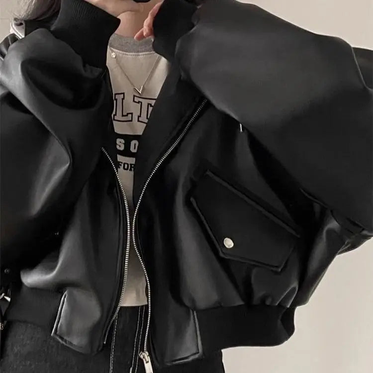 High-End Korean Black PU Leather Jacket for Women, Loose Fashion Hooded for Spring and Autumn, Versatile Fake Two-Piece Zipper Outerwear