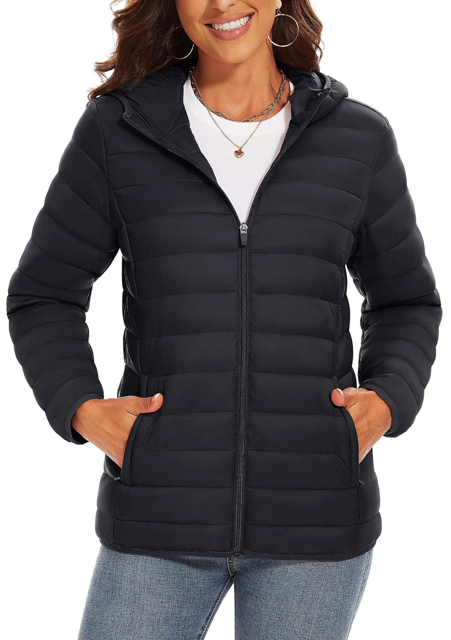 TACVASEN Chaqueta acolchada con capucha y cremallera completa para mujer, abrigos cálidos acolchados de invierno, cortavientos informal, prendas de vestir ligeras acolchadas para exteriores