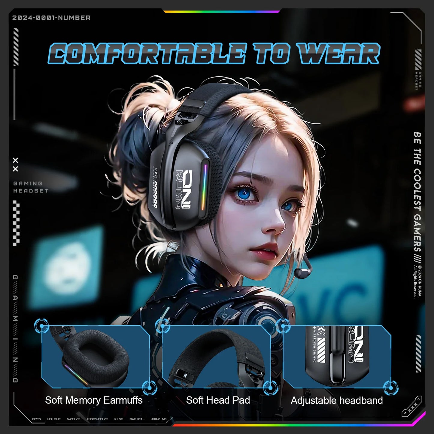 Onikuma Gt808 Three Modes with Microphone E-Sports Wireless Gaming Headset Rgb Lighting Compatible with Bluetooth 5.3 / 2.4g / Aux 3.5mm