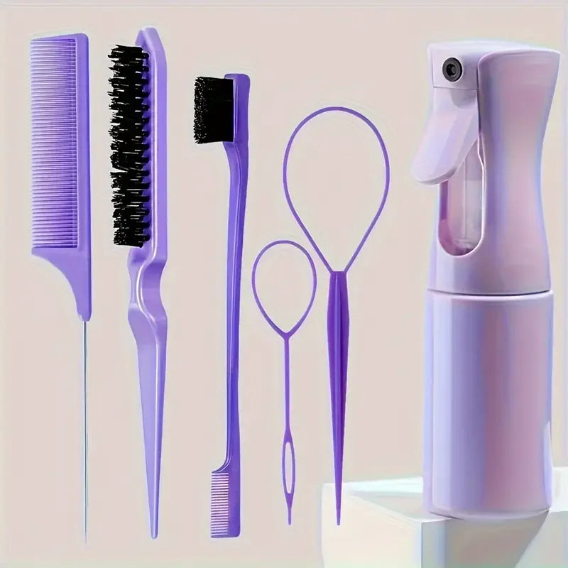 6pcs/set hair brush set, hair salon spray bottle, hair braiding loop, rat tail comb, edge control brush