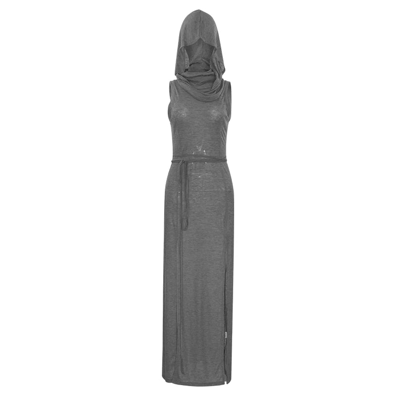 European and American Style Sexy Summer Sleeveless Hooded Long Split Hollow Out Pure Color Women's Dress