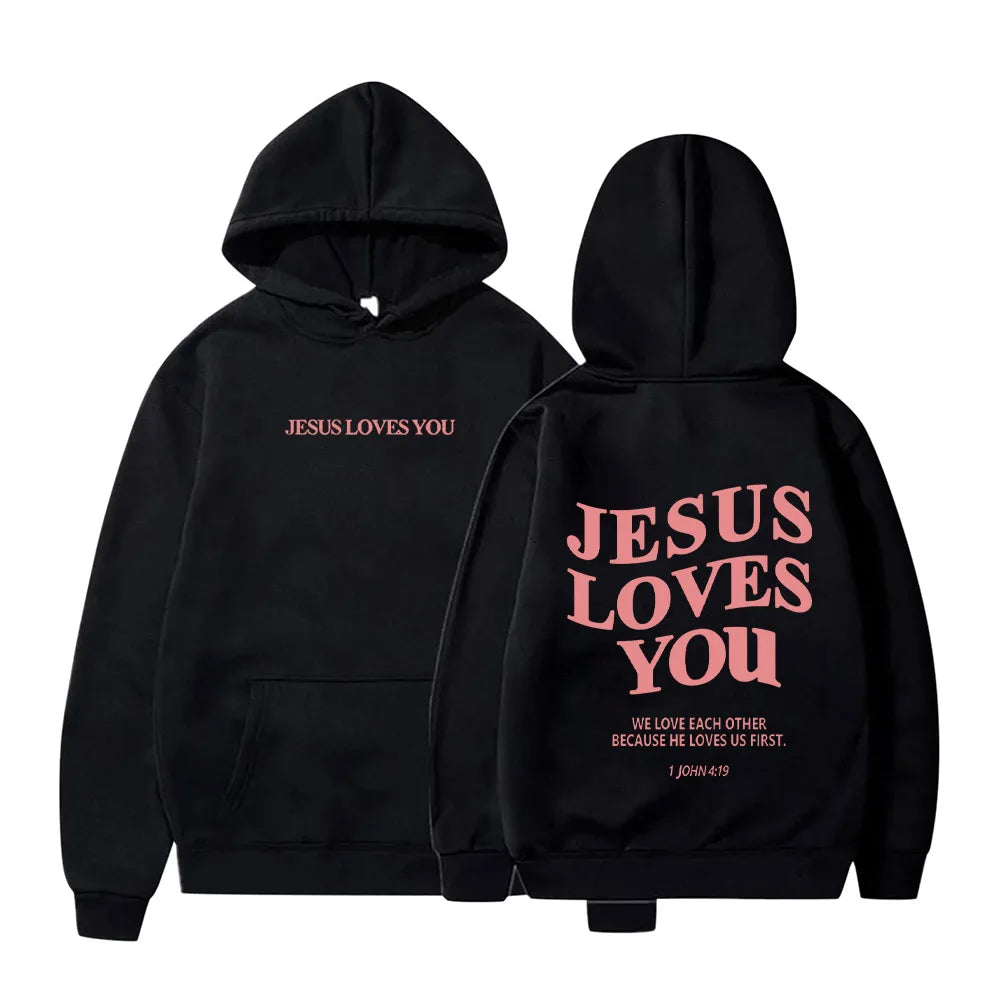 Women's "Jesus Loves You" Print Hoodie, Vintage Hip Hop Hoodie, Trendy Tops, Aesthetic Top