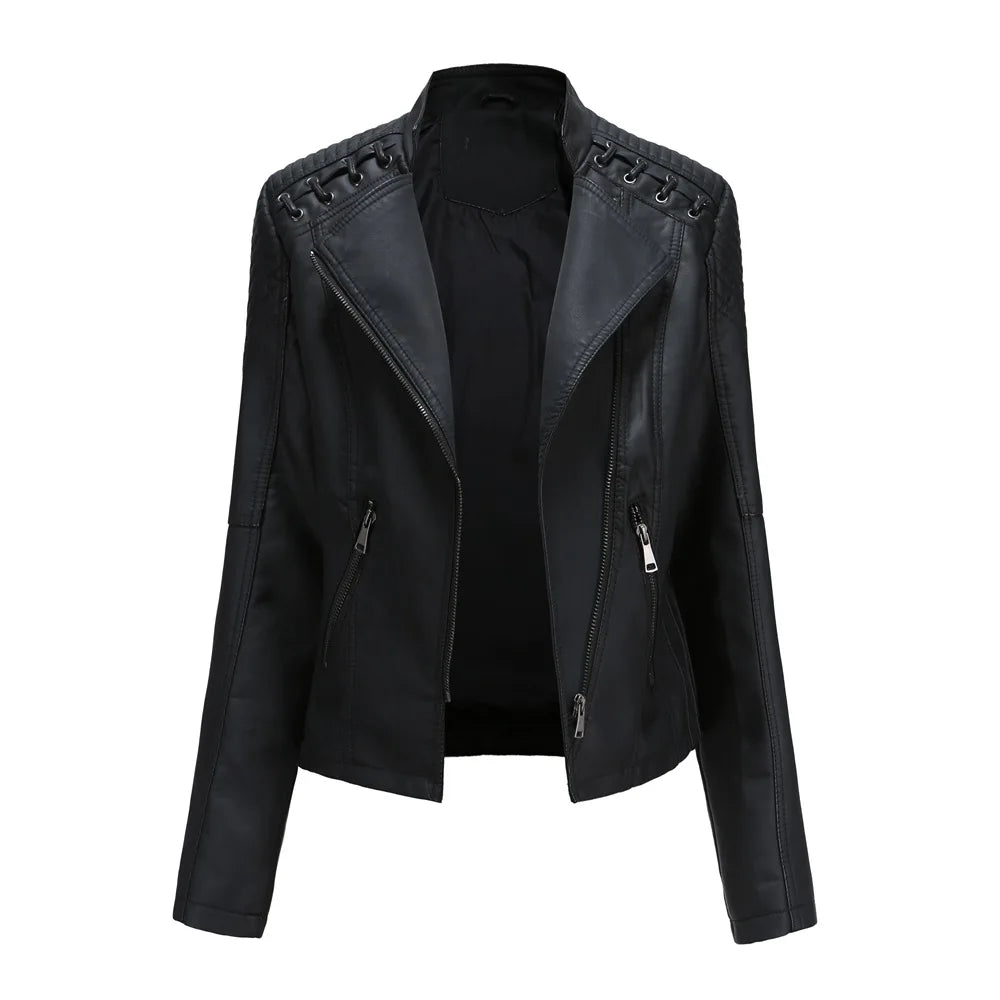 Chaqueta de cuero sintético para mujer, abrigo corto ajustado con cuello levantado y cremallera, ropa de calle para motorista, novedad de primavera y otoño.