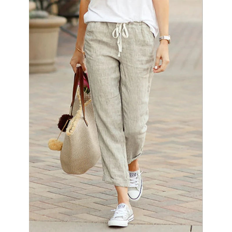 Pantalones informales de lino y algodón para mujer, pantalones hasta el tobillo elásticos de cintura alta de Color sólido para primavera y verano, pantalones Harem con bolsillos para mujer