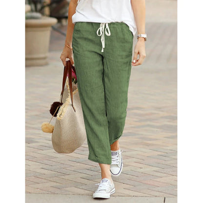 Pantalones informales de lino y algodón para mujer, pantalones hasta el tobillo elásticos de cintura alta de Color sólido para primavera y verano, pantalones Harem con bolsillos para mujer
