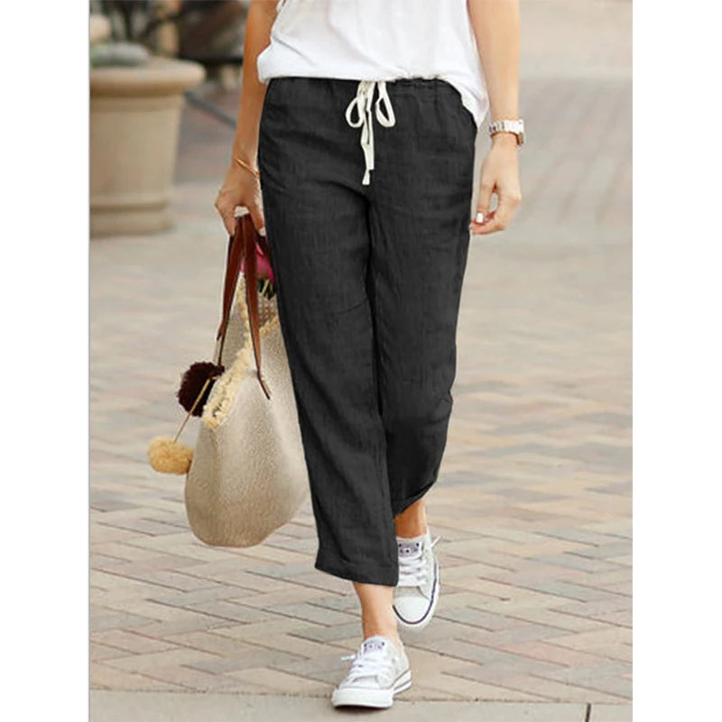 Pantalones informales de lino y algodón para mujer, pantalones hasta el tobillo elásticos de cintura alta de Color sólido para primavera y verano, pantalones Harem con bolsillos para mujer