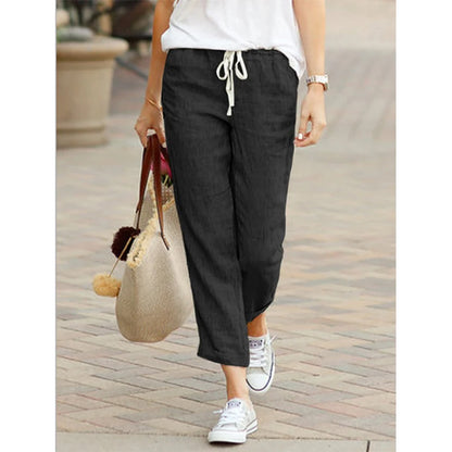 Pantalones informales de lino y algodón para mujer, pantalones hasta el tobillo elásticos de cintura alta de Color sólido para primavera y verano, pantalones Harem con bolsillos para mujer