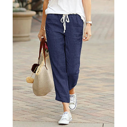 Pantalones informales de lino y algodón para mujer, pantalones hasta el tobillo elásticos de cintura alta de Color sólido para primavera y verano, pantalones Harem con bolsillos para mujer
