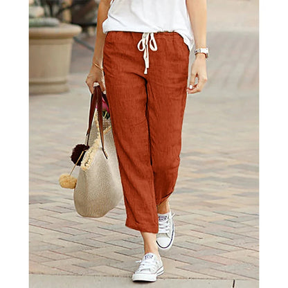 Pantalones informales de lino y algodón para mujer, pantalones hasta el tobillo elásticos de cintura alta de Color sólido para primavera y verano, pantalones Harem con bolsillos para mujer