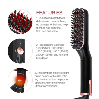 Cepillo eléctrico para alisar el cabello para hombres y mujeres, alisador de barba con calefacción inteligente, peine de hierro de cerámica, herramienta de peinado