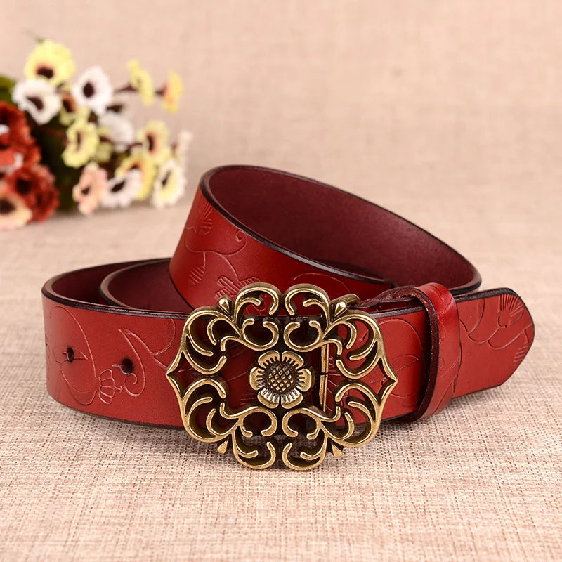 Cinturón con hebilla de aguja con diseño de girasol para mujer, cinturones de negocios a la moda, color marrón, blanco, negro, rojo y amarillo