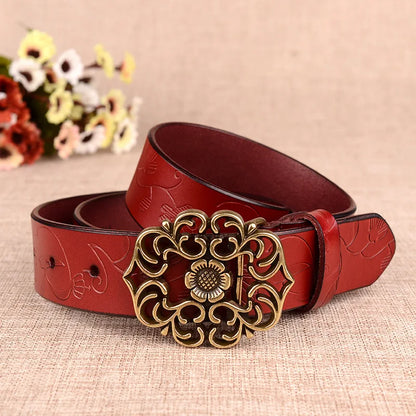 Cinturón con hebilla de aguja con diseño de girasol para mujer, cinturones de negocios a la moda, color marrón, blanco, negro, rojo y amarillo