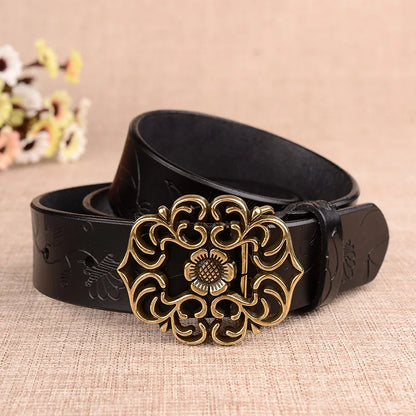 Cinturón con hebilla de aguja con diseño de girasol para mujer, cinturones de negocios a la moda, color marrón, blanco, negro, rojo y amarillo