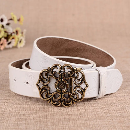 Cinturón con hebilla de aguja con diseño de girasol para mujer, cinturones de negocios a la moda, color marrón, blanco, negro, rojo y amarillo
