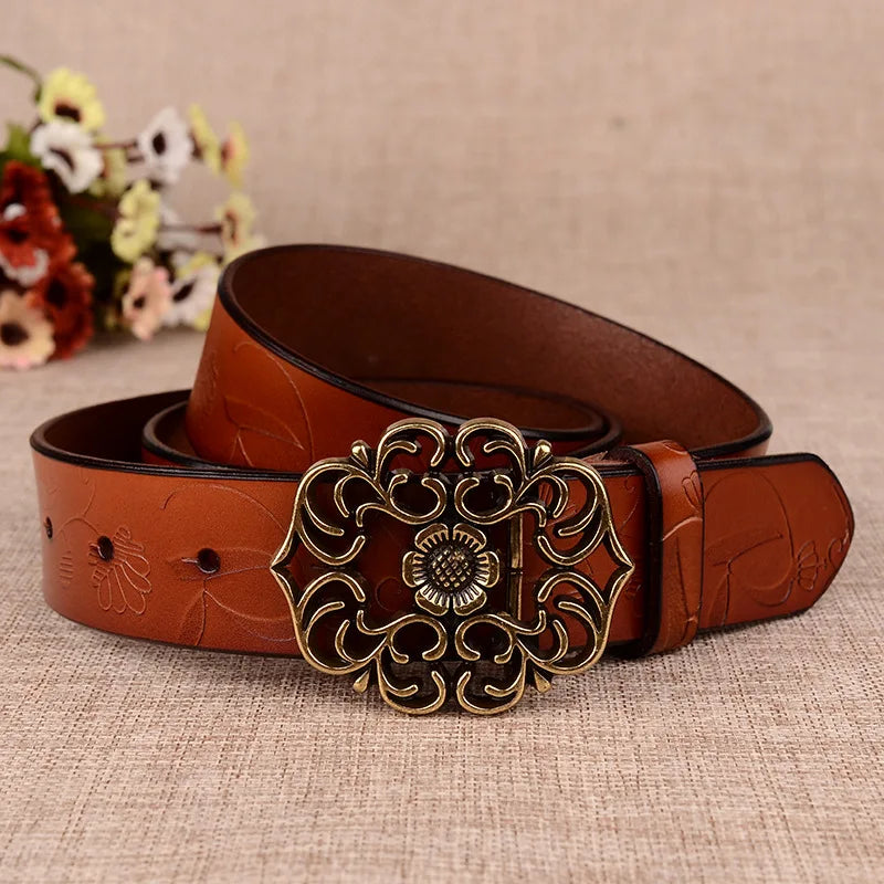 Cinturón con hebilla de aguja con diseño de girasol para mujer, cinturones de negocios a la moda, color marrón, blanco, negro, rojo y amarillo