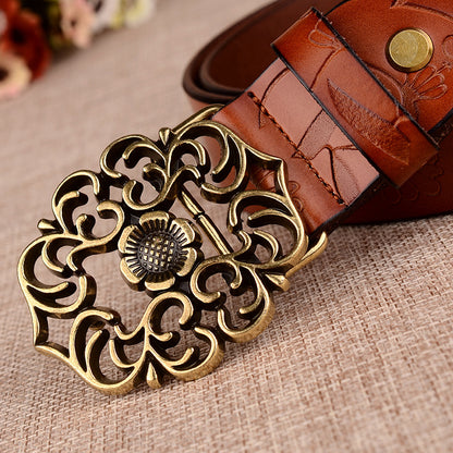 Cinturón con hebilla de aguja con diseño de girasol para mujer, cinturones de negocios a la moda, color marrón, blanco, negro, rojo y amarillo