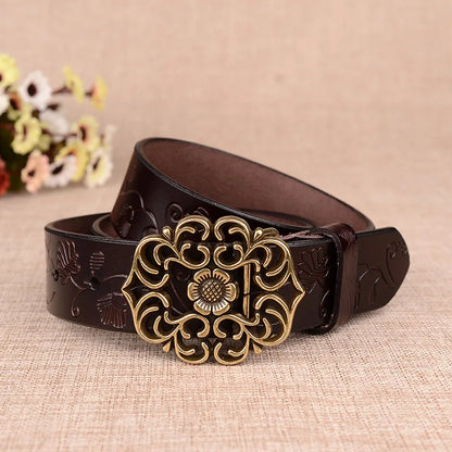 Cinturón con hebilla de aguja con diseño de girasol para mujer, cinturones de negocios a la moda, color marrón, blanco, negro, rojo y amarillo