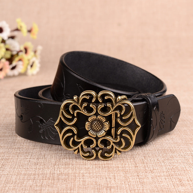 Cinturón con hebilla de aguja con diseño de girasol para mujer, cinturones de negocios a la moda, color marrón, blanco, negro, rojo y amarillo