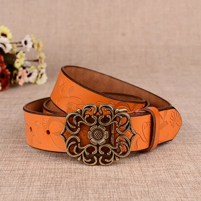 Cinturón con hebilla de aguja con diseño de girasol para mujer, cinturones de negocios a la moda, color marrón, blanco, negro, rojo y amarillo