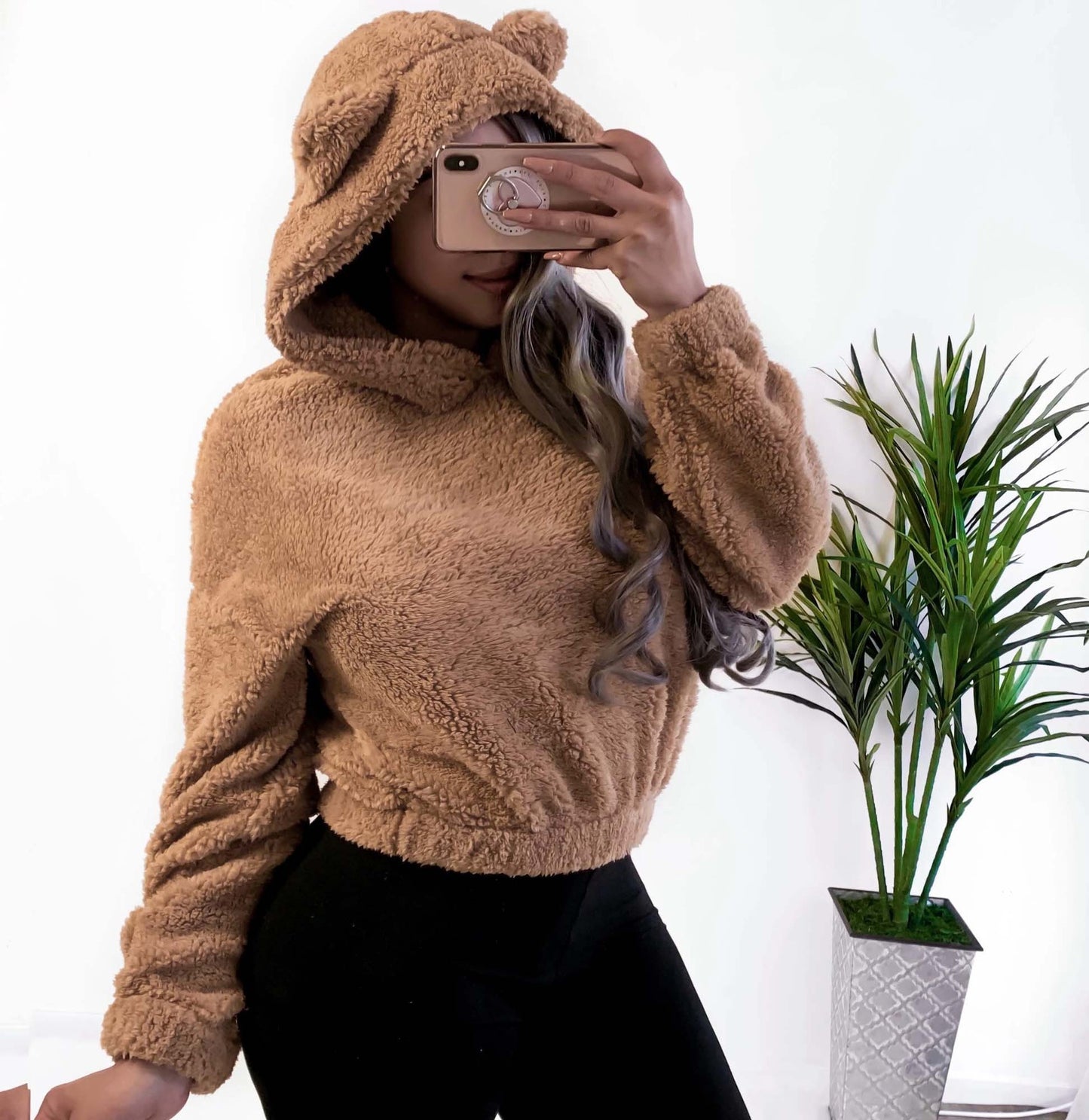 Moda coreana de invierno con orejas de oso, Sudadera con capucha holgada y esponjosa, sudadera cálida, Top de manga larga, jersey liso, ropa para mujer