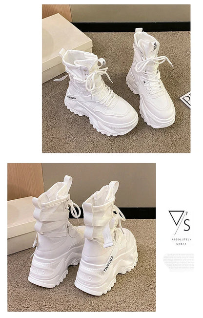 Botas De moto con plataforma gruesa para Mujer, zapatos blancos con cordones y parte inferior gruesa, botines De Mujer para Otoño e Invierno