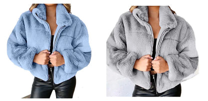 Chaqueta cálida de invierno para mujer, cárdigan con cremallera, piel sintética, moda, manga larga, cuello levantado, abrigo de felpa para mujer