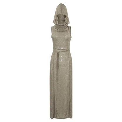 Verano Sexy estilo europeo y americano sin mangas vestido con capucha largo dividido ahueca hacia fuera el vestido de las mujeres de Color puro