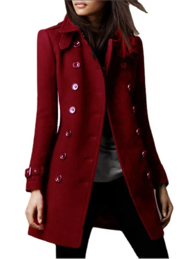 Women's Winter Wool Coats, Lapel Double Breasted Top Coat, Solid Color Slim Elegant Ladies Overcoat.