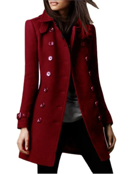 Women's Winter Wool Coats, Lapel Double Breasted Top Coat, Solid Color Slim Elegant Ladies Overcoat.