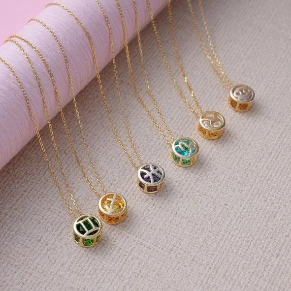 Collares con colgante de 12 constelaciones ahuecados de doble cara Retro para mujer, gargantilla de piedra natal con diamantes de imitación de cristal, signo del zodiaco