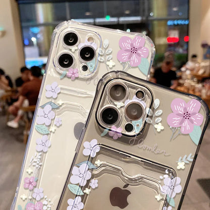 Soft Card Holder Phone Case for iPhone 13, 11, 16e, 15, 12, 14, 17, 16 Pro Max, 7 Plus, XR SE, Clear Aesthetic Flower Cover