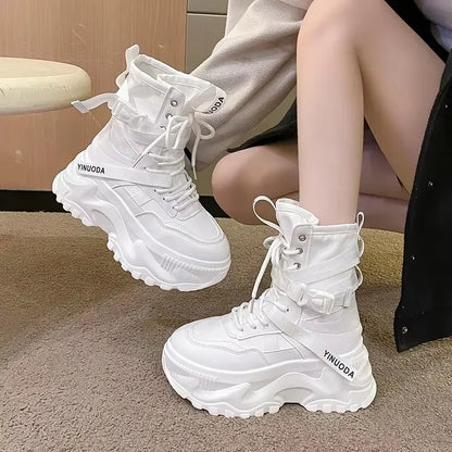 Botas De moto con plataforma gruesa para Mujer, zapatos blancos con cordones y parte inferior gruesa, botines De Mujer para Otoño e Invierno
