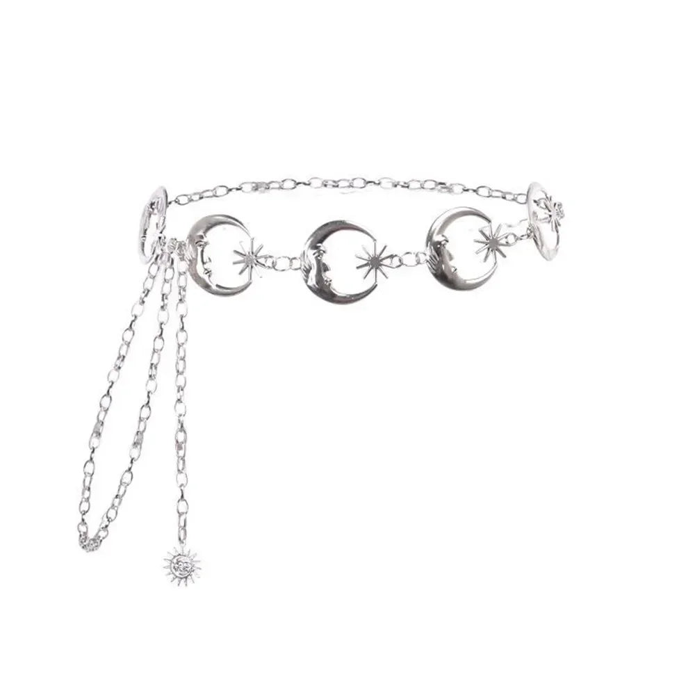 Cinturón de cadena dorada para mujer, cinturones de Metal con forma de luna y sol, pretina para vestido Punk, accesorio vaquero gótico, Ketting Riem largo.