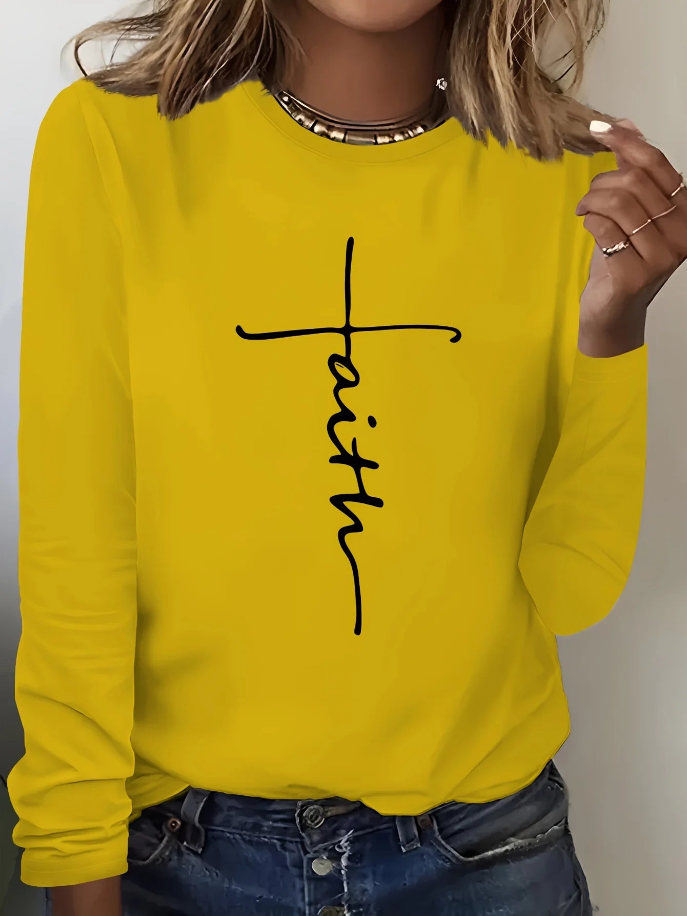 Camiseta holgada informal de algodón 100% para primavera y otoño para mujer, camiseta de manga larga con cuello redondo y estampado.