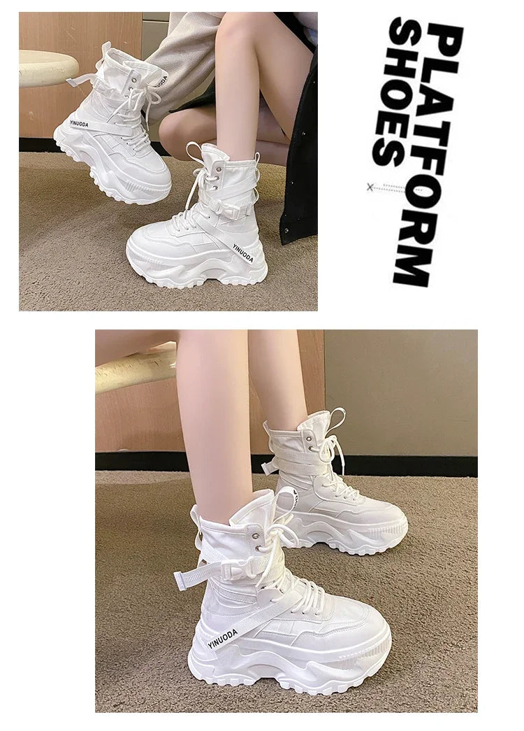 Botas De moto con plataforma gruesa para Mujer, zapatos blancos con cordones y parte inferior gruesa, botines De Mujer para Otoño e Invierno