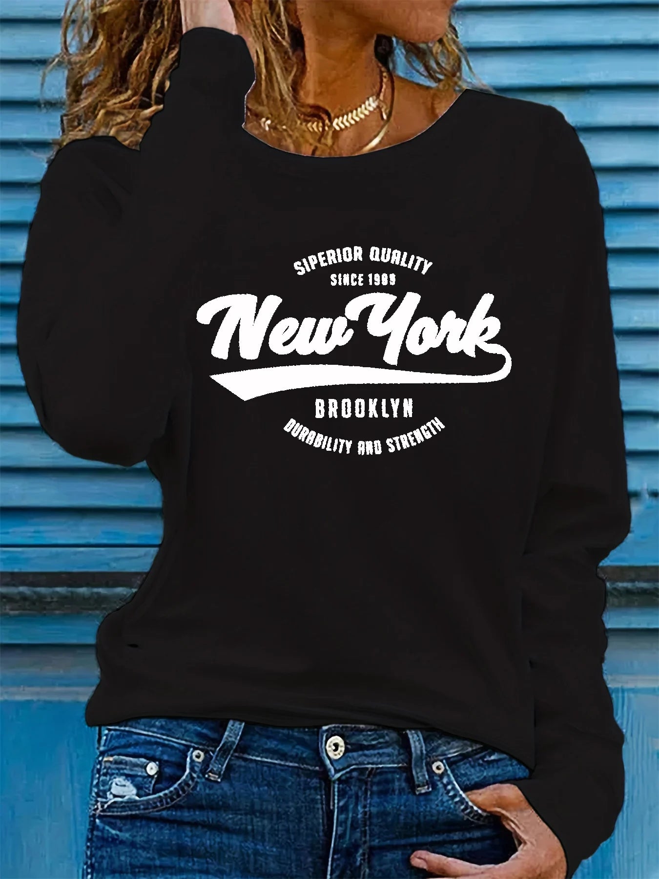 Women's 100% Pure Cotton T-Shirt, Loose and Comfortable NEW YORK Letter Print Long Sleeve Round Neck Top, Spring and Autumn