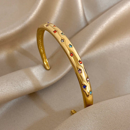 Nueva pulsera chapada en oro de acero inoxidable con incrustaciones de diamantes de imitación coloridos, lujosas brazaletes abiertos, pulseras para mujeres y hombres, joyería