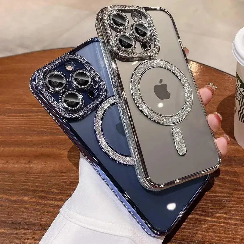 Luxury Bling Crystal Lens Film Case for iPhone 15 16 11 12 13 14 Pro Max 16 Plus Magsafe Magnetic Wireless Charging Clear Cover