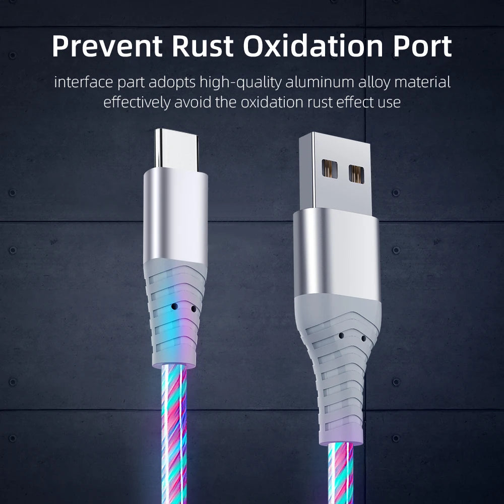 MVQF 5A Fast Charging Cable, Luminous LED Cable, Micro USB TypeC Data Cable, Flowing Streamer Light, USB C LED Cable for Huawei Xiaomi.