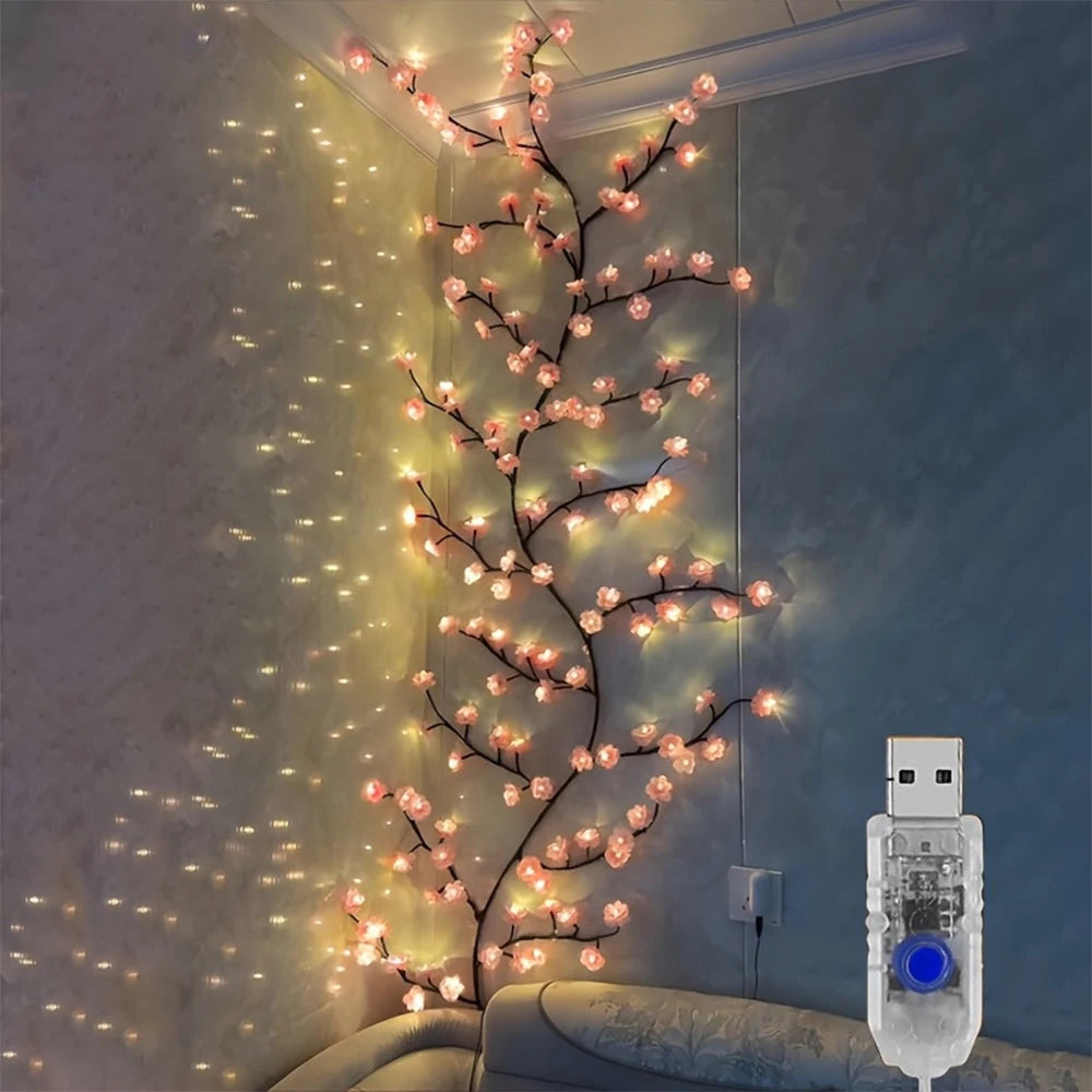 Luces LED de rama montadas en la pared USB, luces de vid de flor de cerezo, 72 LED, 8 modos para decoración navideña interior, paredes, puertas y ventanas