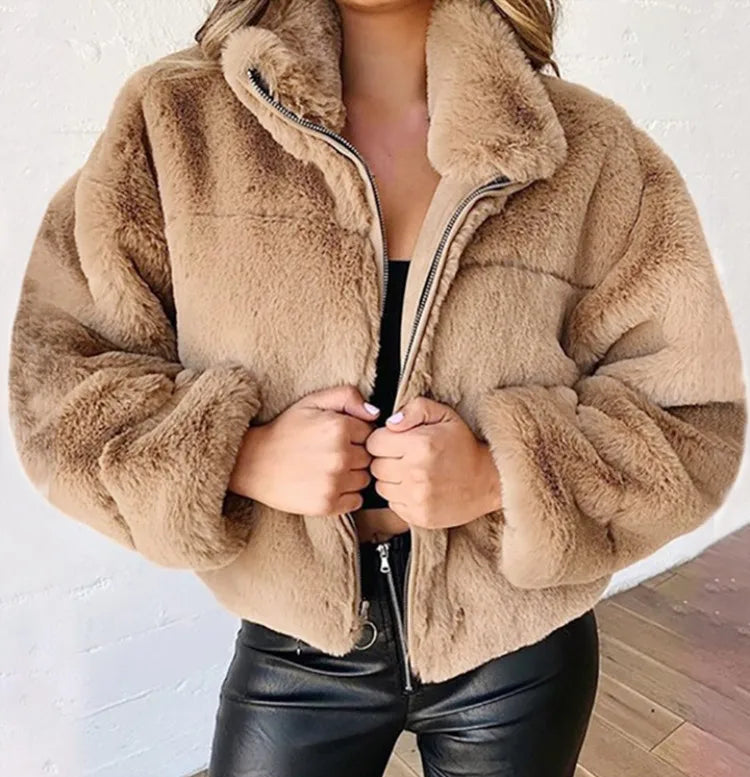 Chaqueta cálida de invierno para mujer, cárdigan con cremallera, piel sintética, moda, manga larga, cuello levantado, abrigo de felpa para mujer