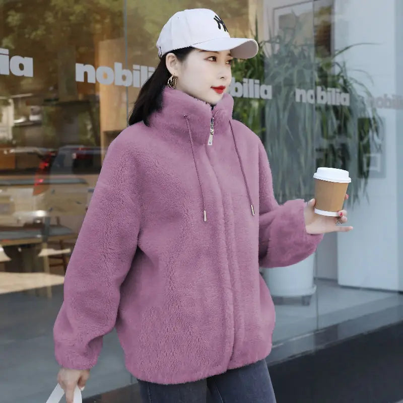 Abrigo cálido de lana Coral doble para mujer, abrigo grueso de felpa con cuello levantado, ropa informal de manga larga con cremallera a la moda para mujer