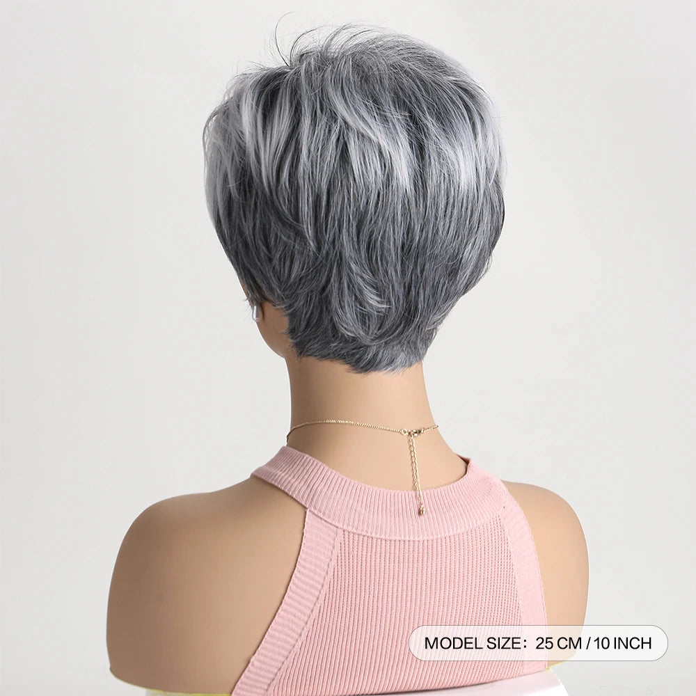 Pelucas naturales cortas con flequillo, pelo suave para mamá, uso diario, pelo sintético rizado corto gris ombré, peluca de fiesta para disfraz para mujer