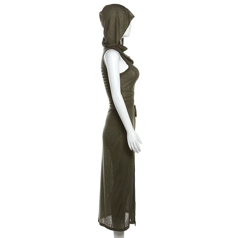 Verano Sexy estilo europeo y americano sin mangas vestido con capucha largo dividido ahueca hacia fuera el vestido de las mujeres de Color puro