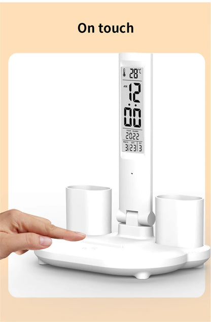 Lámpara de escritorio LED, lámpara de mesa plegable táctil regulable por USB con calendario, reloj de temperatura, luz nocturna para estudio, lámpara de lectura