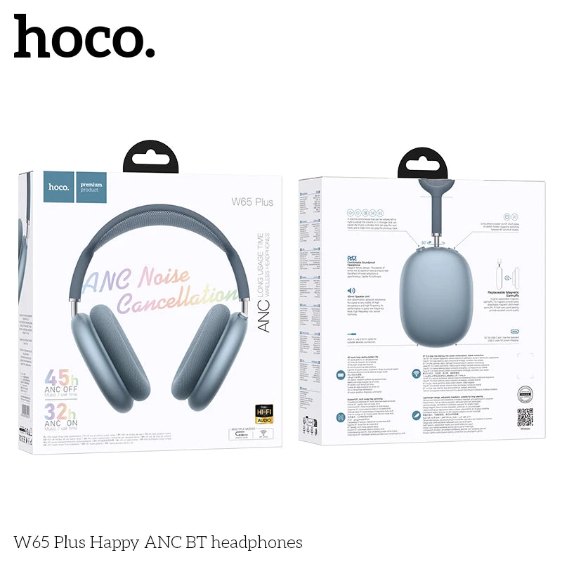 HOCO W65 Plus ANC auriculares Bluetooth con reducción de ruido sobre la oreja auriculares inalámbricos grandes sonidos de alta fidelidad auriculares deportivos con botón